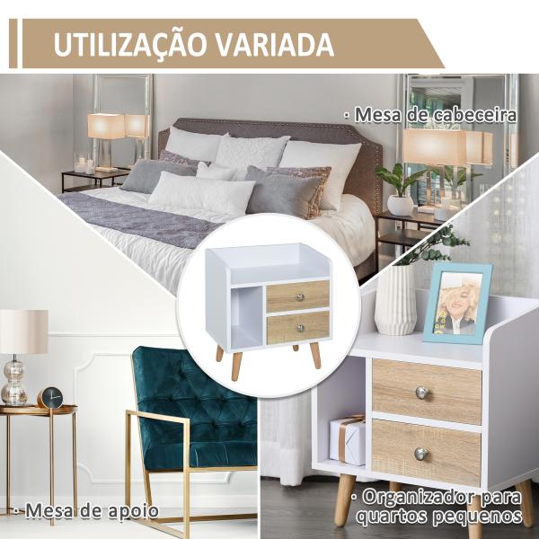 Mesa de Cabeceira com 2 Gavetas Grandes 1 Prateleira Aberta e Pés Elevados Estilo Nórdico 43x30x49 cm Branco e Madeira