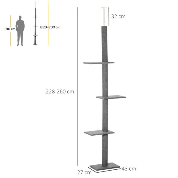 Arranhador para Gatos do Chão ao Teto com Altura Ajustável, 4 Plataformas e Poste 43x27x228 - 260 cm Cinzento