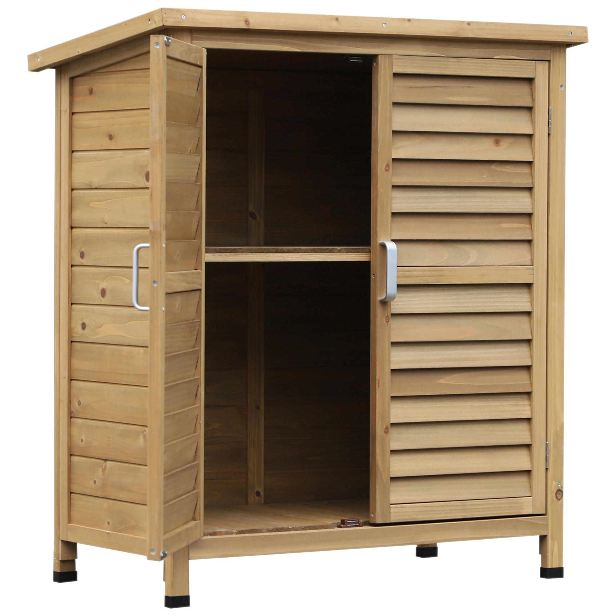 Armário de Armazenamento de Madeira para Jardim com 2 Prateleiras Interiores 2 Portas e Teto Inclinado para Exterior Terraço 87x46,5x96,5cm Natural