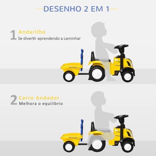 Trator para Crianças de 12 - 36 Meses com Reboque Removível Carro Andador com Buzina Farol Pá e Ancinho Carga 25kg 91x29x44cm Amarelo