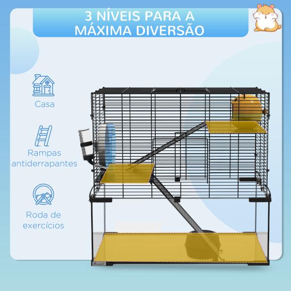 Gaiola para Hamster com Fundo de Vidro Plataformas Comedouro Bebedouro Casa Rampas e Roda de Exercício 60x40x54,5 cm Preto