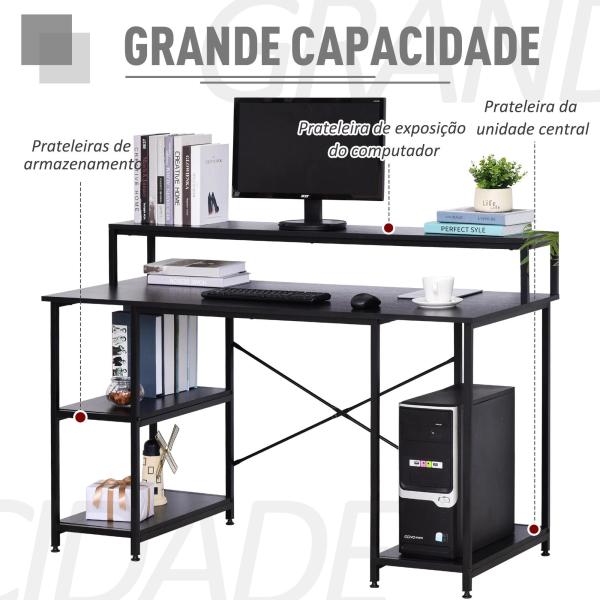 Mesa para Computador com Prateleiras Pés Ajustáveis ​​Moldura de Metal 140x60x93 cm