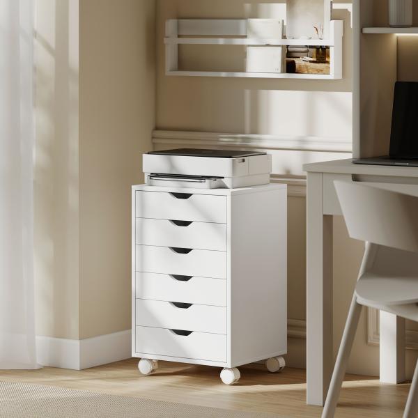Bloco de Gavetas Móvel Arquivador com 6 Gavetas Suporte para Impressora com Rodas 40x35x63 cm Branco