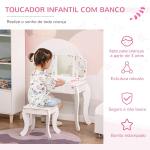 Toucador Infantil de Madeira com Banco e Espelho de Acrílico de 2 Sessões Mesa de Maquilhagem Infantil com Gaveta para Dormitório Sala de Jogos 63x40x85,5cm Branco