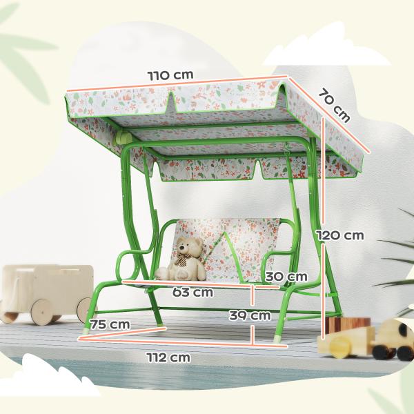 Baloiço de Jardim para Crianças com 2 Lugares Toldo Ajustável Cinto de Segurança e Desenho de Borboletas 112x75x120 cm Verde