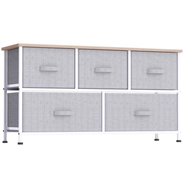 Cómoda com 5 Gavetas de Tecido Cómoda para Quarto Estrutura Metálica 100x30x54 cm Cinzento
