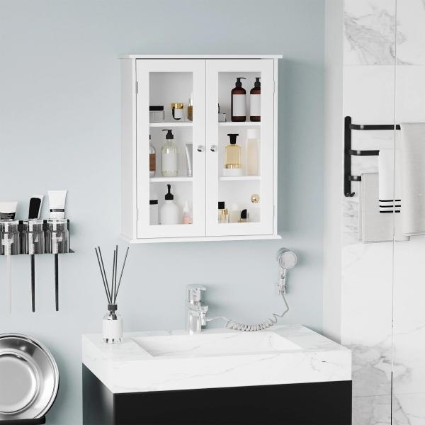 Armário Casa de Banho de Parede com 2 Portas de Cristal Armário Suspenso com Prateleiras Ajustáveis em Altura Multiuso para Cozinhas Sala de Estar 55x20x65cm Branco