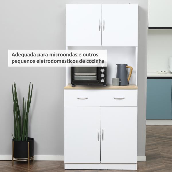 Armário de Cozinha com Gaveta 4 Portas e Prateleiras Interiores Ajustável em Altura Móvel Auxiliar de Armazenamento Moderno para Sala de Jantar Sala de Estar 80x40x180cm Branco