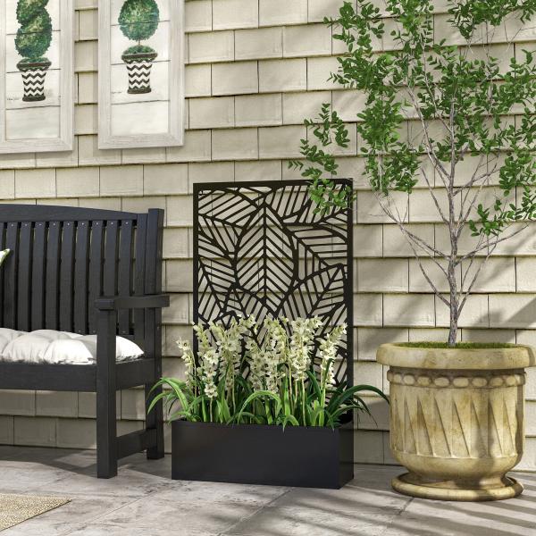 Biombo de Exterior com Floreira de Metal Floreira de Parede ou Independente para Cultivos 61x23x113 cm Preto