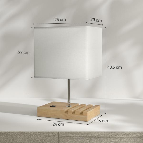 Candeeiro de Mesa com Portas USB - A/C Três Ranhuras para Telemóveis Base de Madeira e Ecrã de Tecido E27 40W 25x20x40,5 cm Branco
