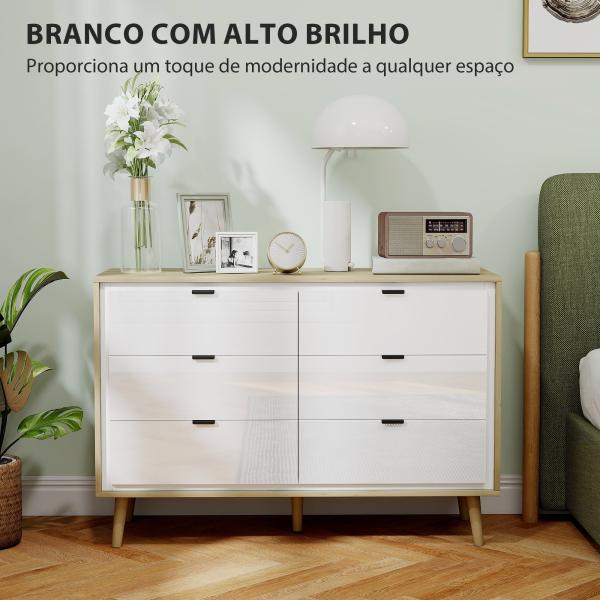 Cómoda 6 Gavetas Cómoda Quarto com Pernas de Madeira Estilo Moderno 110x40x75 cm Branco Brilhante e Carvalho