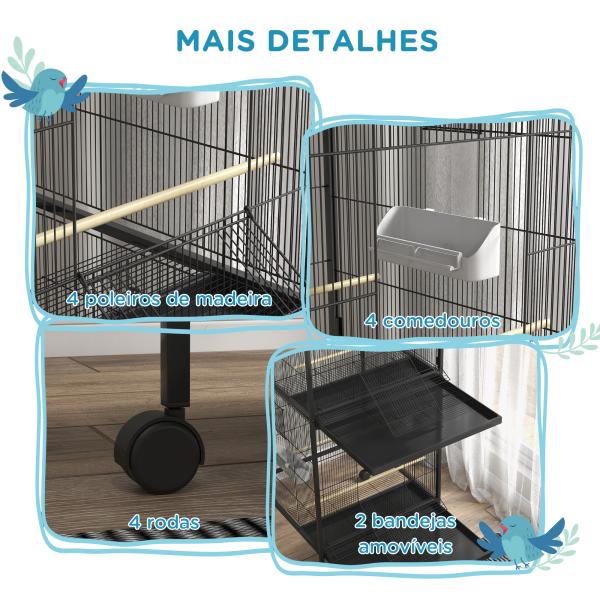Gaiola para Pássaros Convertível em Somente Uma com Rodas 4 Comedouros e 4 Poleiros e Bandejas Amovíveis 78x75x168 cm Preto