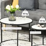 Conjunto de 2 Mesas Auxiliares Redondas Empilháveis Mesa de Centro Modernas com Bancada em Efeito de Mármore e Estrutura de Aço Ø60x46cm e Ø40x40cm Branco
