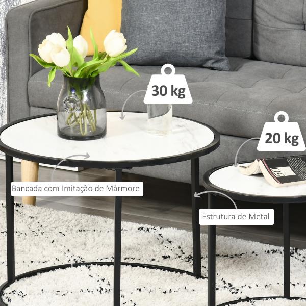 Conjunto de 2 Mesas Auxiliares Redondas Empilháveis Mesa de Centro Modernas com Bancada em Efeito de Mármore e Estrutura de Aço Ø60x46cm e Ø40x40cm Branco