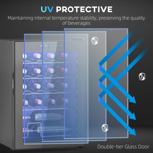 Frigorífico para Vinhos 20 Garrafas com Compressor, Porta Anti - UV, 5 - 18 °C, Painel Tátil, Luz LED, 39 dB, Preto