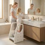 Banco Infantil Ajustável de 2 a 3 Degraus Torre de Aprendizagem Escada para Crianças de 2 - 5 Anos 43x42x65,5 cm Cinza
