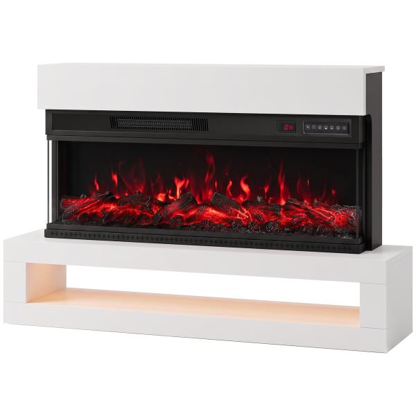 Lareira Elétrica de Parede/Independente 900/1800 W com LED 3 Lados Móvel TV até 55'' 12 Cores de Chama Comando à Distância Branca