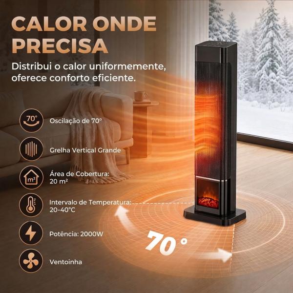 Aquecedor Elétrico Cerâmico PTC 2000W com 4 Modos, Chama Dinâmica, Comando, Oscilação 70° e Proteção contra Sobreaquecimento