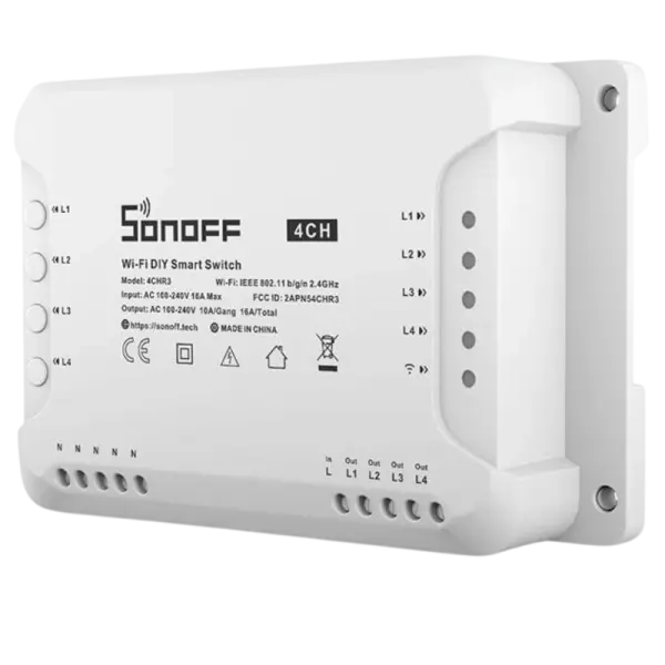 Comutador / Interruptor 4 Canais s/ Fios Wi - Fi p/ Domótica Comp. Amazon Echo, Google Home - Sonoff