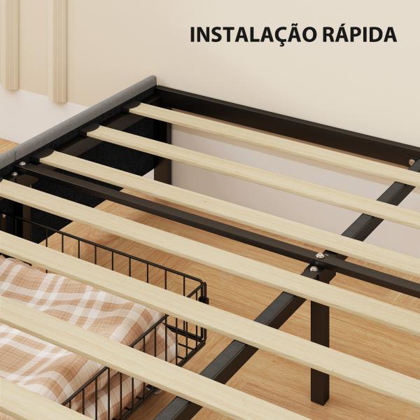 Cama de Casal 140x190 cm Estrado com 3 Gavetas e Estrutura Metálica Suporta 363 kg Cinzento