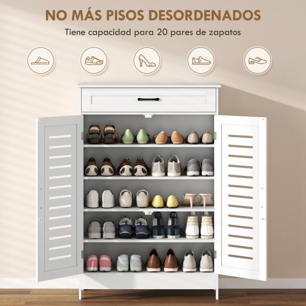 Sapateira Armário para Sapatos com Gaveta Portas de Grade Prateleiras Ajustáveis para 20 Pares de Sapatos 78x37x115,8 cm Branco