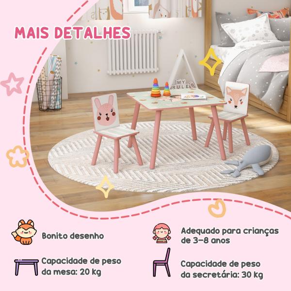 Conjunto de Mesa e Cadeiras para Crianças de 3 Peças Mesa Infantil com 2 Cadeiras Conjunto de Móveis para Atividades Rosa