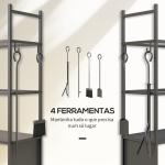 Suporte para Lenha com Rodas de 4 Níveis com Pá Escova Atiçador e Tenaz para Interior e Exterior 45x30x118 cm Preto