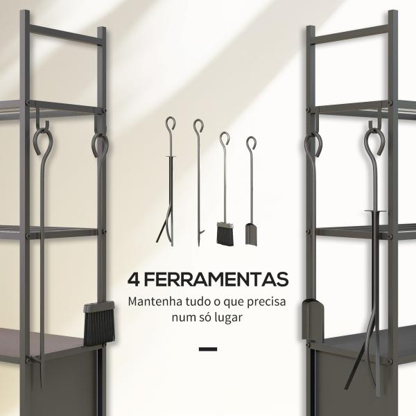 Suporte para Lenha com Rodas de 4 Níveis com Pá Escova Atiçador e Tenaz para Interior e Exterior 45x30x118 cm Preto