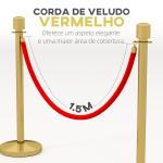 Conjunto de 2 Postes Separadores em Aço Inoxidável com Corda de Veludo Vermelho de 1,5 m e Base Preenchível Dourado