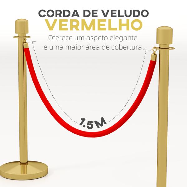 Conjunto de 2 Postes Separadores em Aço Inoxidável com Corda de Veludo Vermelho de 1,5 m e Base Preenchível Dourado