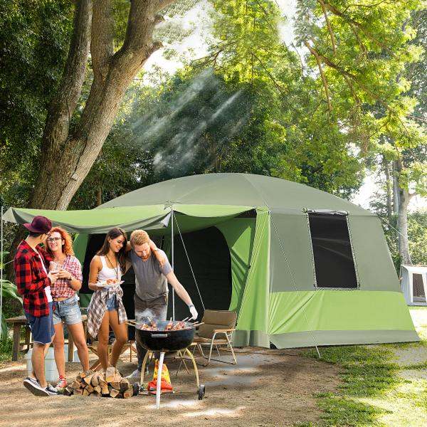 Tenda de Campismo Familiar para 4 Pessoas Tenda de Campismo Portátil Impermeável com Bolsa de Transporte Rede Mosquiteira e Proteção Solar 410x - 310x225cm Verde