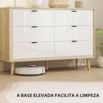 Cómoda 6 Gavetas Cómoda Quarto com Pernas de Madeira Estilo Moderno 110x40x75 cm Branco Brilhante e Carvalho