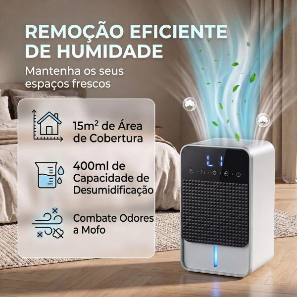 Desumidificador 0,4 L/Dia para 15 m² Depósito 1,2 L Luz RGB Temporizador 12 h Ecrã LED Preto