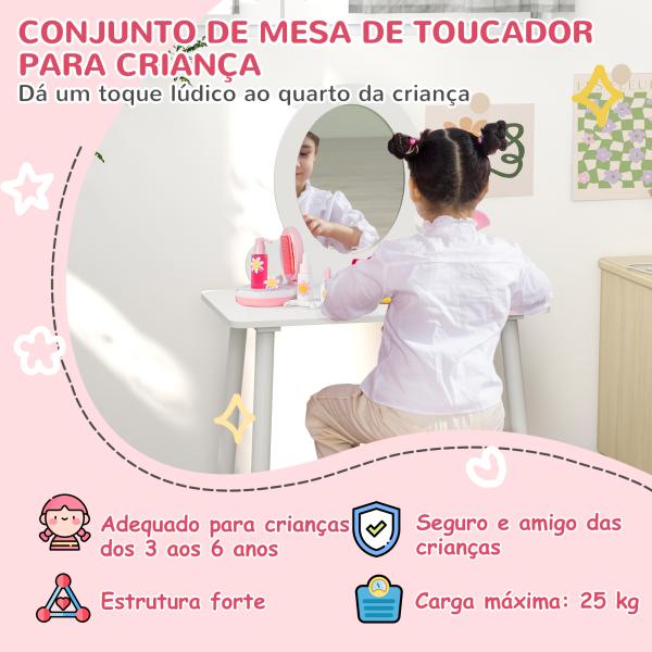 Toucador para Crianças com Banco Toucador de Maquilhagem para Crianças acima de 3 Anos Toucador Infantil com Espelho Branco