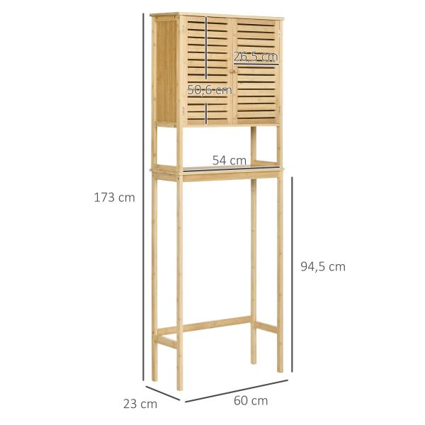 kleanklin Móvel de Bambú sobre Sanita Armário Alto para Casa de Banho com 2 Portas 1 Prateleira Interior e 1 Prateleira de Armazenamento 60x23x173cm Natural