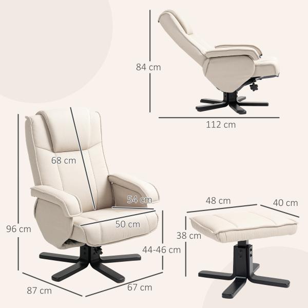 Poltrona Relax Reclinável com Apoio para os Pés Poltrona Giratória Estofada em Linho e Função Baloiço 67x87x96 cm Bege