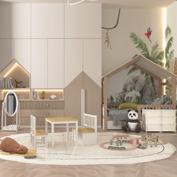 Organizador de Brinquedos com 6 Gavetas para Crianças com Bordas Arredondadas e Pegas 75x37x56,5 cm Creme e Cinza