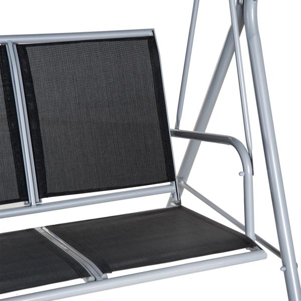 Baloiço de Jardim Exterior de 3 Lugares com Toldo Ajustável, Encosto Respirável e Estrutura Metálica para Terraço e Varanda, Suporta até 240 kg, 171x108x150 cm, Preto