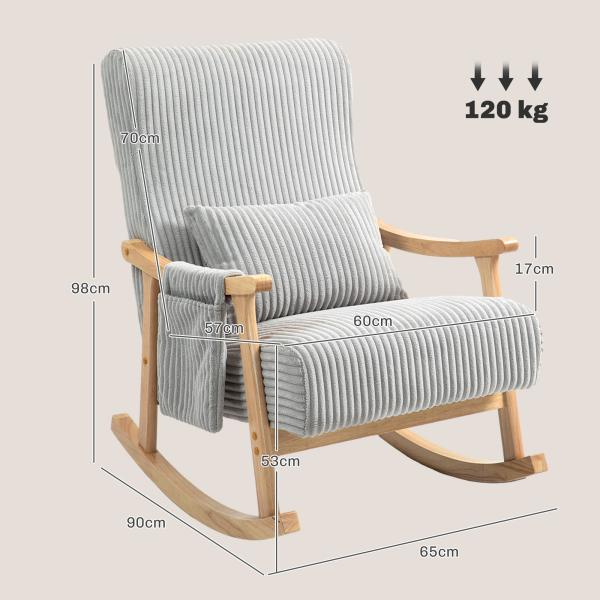 Poltrona Baloiço Moderna em Veludo Cotelê com Apoio para os Braços Almofada Lombar e Bolso Poltrona de Amamentação 65x90x98 cm Cinza
