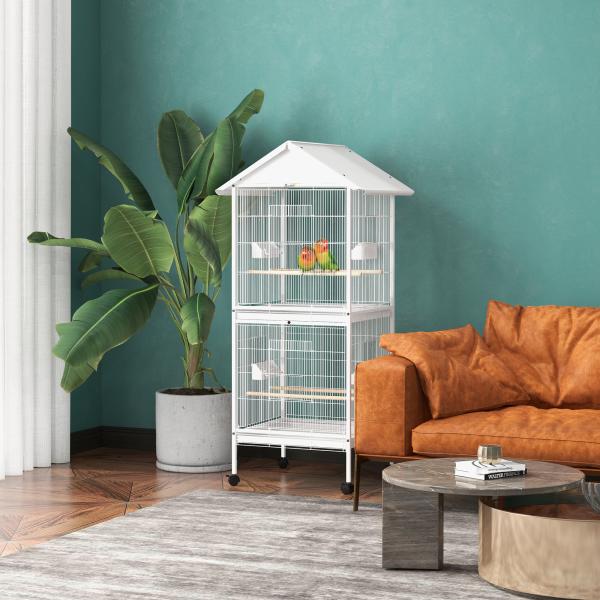 Gaiola para Pássaros 2 em 1 com 2 Andares Rodas 4 Comedouros 4 Poleiros e Bandejas Amovíveis 78x75x168 cm Branco