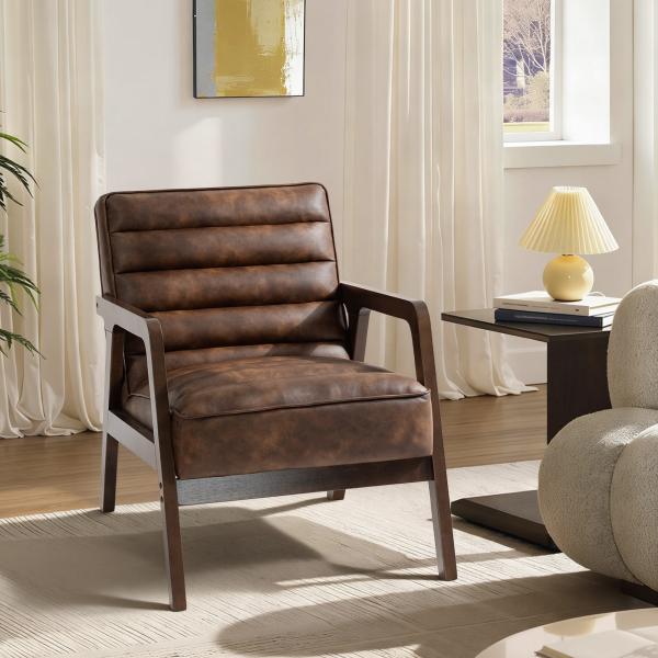 Poltrona Vintage Estofada em Couro Sintético com Almofada Espessa Estrutura em Madeira Maciça 64x79,5x80 cm Castanho
