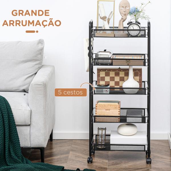 Carrinho Auxiliar com Rodas de 5 Níveis com Cestos de Malha Removíveis e Estrutura de Aço 45x26,5x106 cm Preto