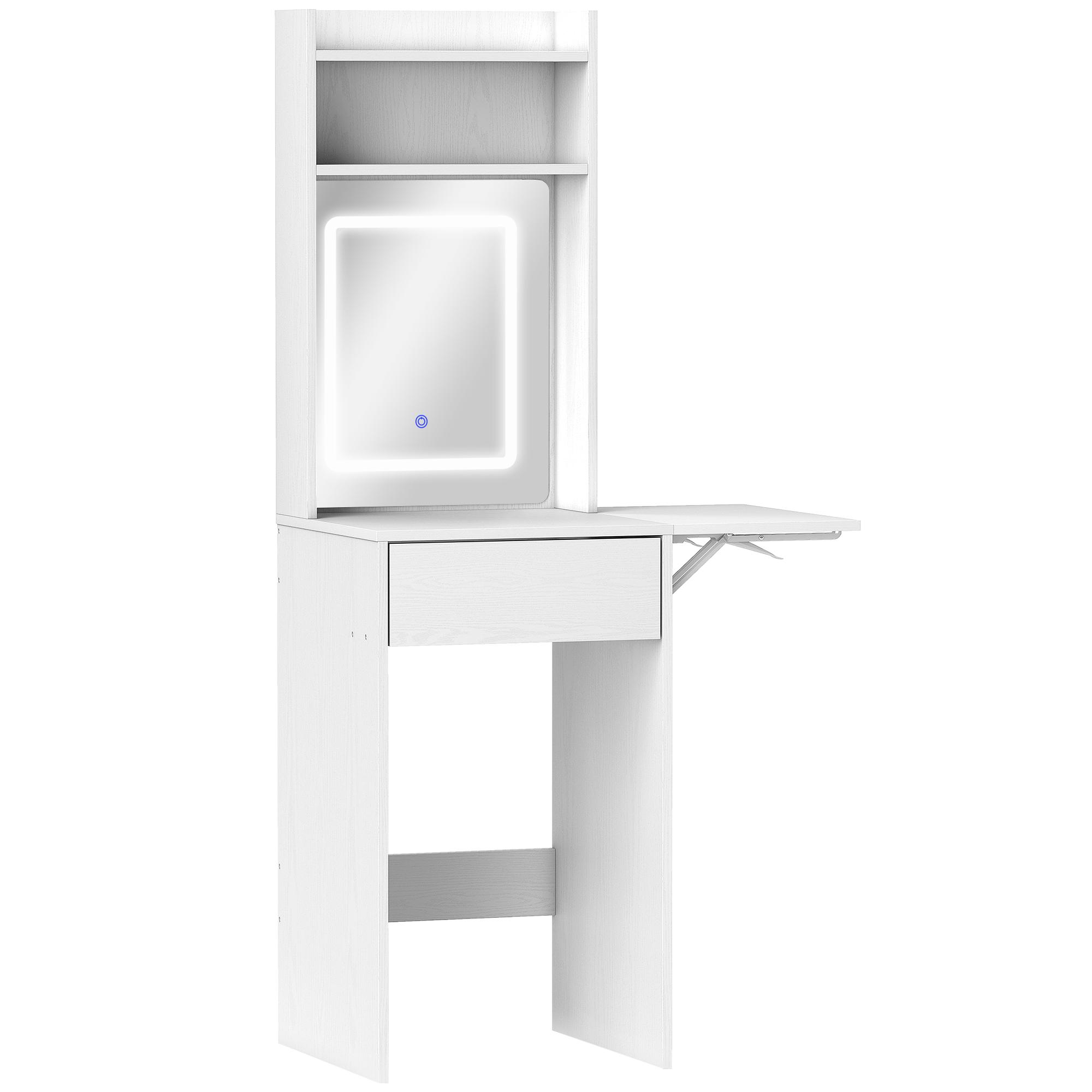 Tocador de Maquilhagem com Luzes LED de Cor Ajustável e Espelho Tocador com Lateral Rebatível Gaveta 45x45x152 cm Branco
