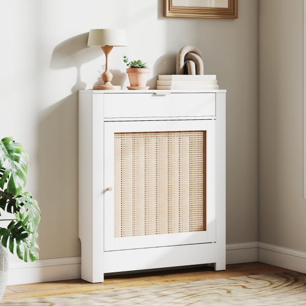 Cobertura para Radiador com Porta Rebatível e Vime Proteção Radiador de MDF 78x19x95,5 cm com Compartimento Desenho Boémio Branco