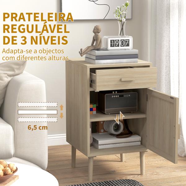 Conjunto de 2 Mesas de Cabeceira com Gaveta de Vime e Prateleira Ajustável para Quarto Sala 40x40x68,5 cm Carvalho