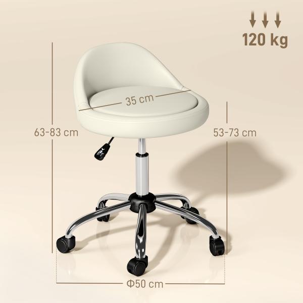 Banco com Rodas Banco Giratório com Altura Ajustável Cosmética Dentista Cabeleireiro Ø50x63 - 83 cm Branco