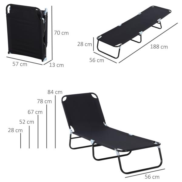 Espreguiçadeira dobrável reclinável com ângulo ajustável de 3 posições para exterior carga 120 kg 190x56x28 cm Preto