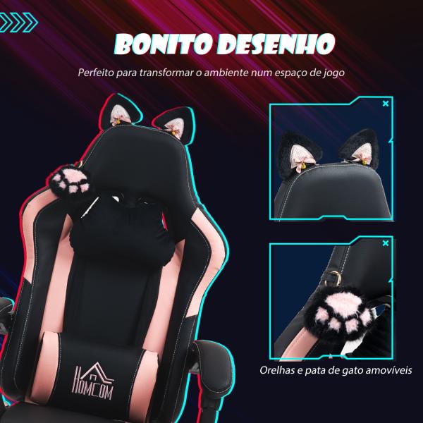 Cadeira Gaming com Orelhas Cadeira Gamer Reclinável com Altura Ajustável e Suporte Lombar 65x62x116 - 124 cm Preto e Rosa