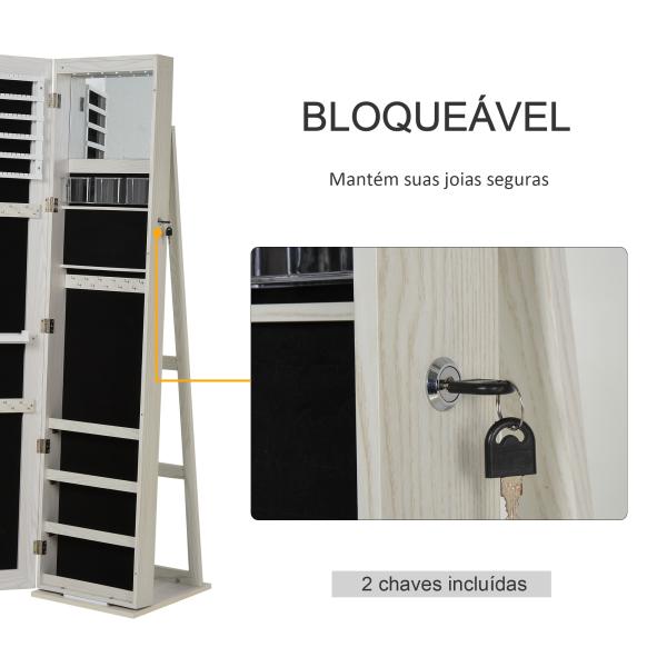 Joalheiro de Pé Armário para Joias com 6 Luzes LED Fechadura Organizador de Joias com Prateleiras Suportes para Anéis 38x38x157cm Branco