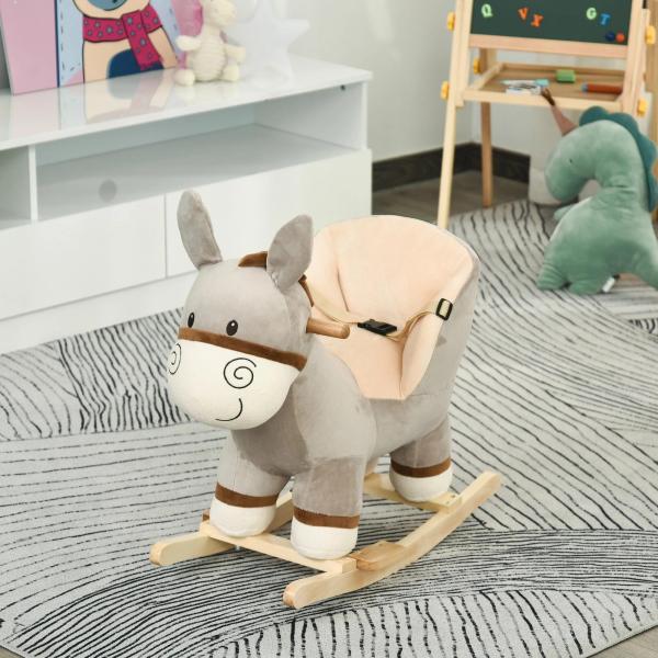 Baloiço Infantil em Forma de Burro para Bebés 18 - 36 Meses com Som Cinto de Segurança Apoio para os Pés 61x34x58 cm Cinza
